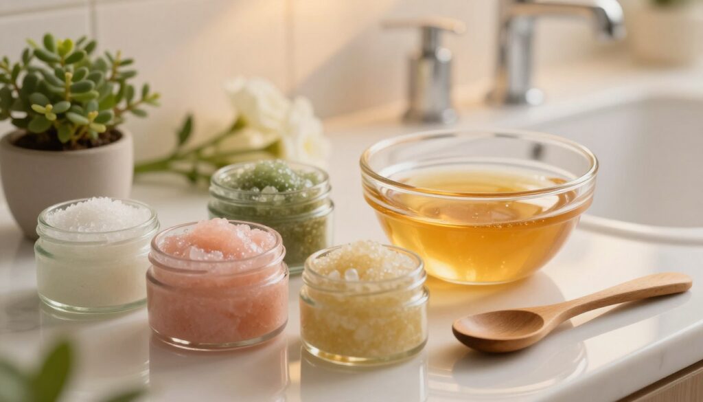 A close-up view of a serene and inviting bathroom setting, featuring natural skincare products for lip exfoliation. In the foreground, a beautifully arranged assortment of lip scrubs in glass jars with soft, pastel colors, hinting at various flavors. An elegant wooden spoon rests beside them. In the middle, a clear glass bowl filled with a mixture of honey and sugar, reflecting soft, warm light, while a delicate, small potted plant adds a touch of greenery. The background showcases a softly lit counter with fresh flowers, gently creating a calm and soothing atmosphere. The overall mood is relaxing and inviting, conveying the importance of self-care and pampering for chapped lips. The lighting is warm and diffused, resembling the golden hour, enhancing the textural details of the products.