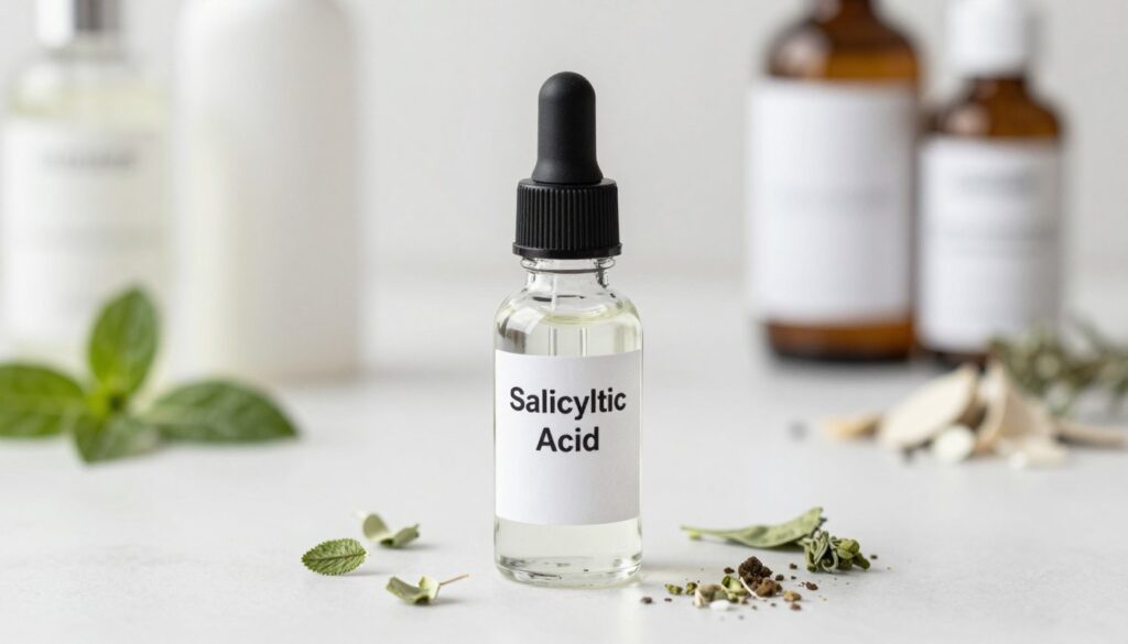 A close-up view of a small glass bottle filled with clear, viscous liquid labeled “Salicylic Acid” resting on a clean, white countertop. Surrounding the bottle are scattered green and white herbal ingredients, symbolizing natural skincare. In the background, softly blurred, a few skincare products can be seen, featuring minimalist packaging. The lighting is bright and clean, creating a clinical, professional atmosphere, evoking a sense of efficacy and purity in skincare. The image captures an essence of tranquility and hope, reflecting the active ingredients' potential in combating back blackheads. The composition should highlight the bottle as the focal point, with an elegant depth of field to emphasize the surrounding elements without distractions. A close-up view of a small glass bottle filled with clear, viscous liquid labeled “Salicylic Acid” resting on a clean, white countertop. Surrounding the bottle are scattered green and white herbal ingredients, symbolizing natural skincare. In the background, softly blurred, a few skincare products can be seen, featuring minimalist packaging. The lighting is bright and clean, creating a clinical, professional atmosphere, evoking a sense of efficacy and purity in skincare. The image captures an essence of tranquility and hope, reflecting the active ingredients' potential in combating back blackheads. The composition should highlight the bottle as the focal point, with an elegant depth of field to emphasize the surrounding elements without distractions.