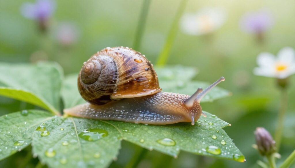 A close-up view of a vibrant, glistening snail crawling on a lush green leaf, highlighting its translucent slime trail. The foreground focuses on the snail and the shimmering, slightly viscous slug of slime it leaves behind, capturing the essence of moisture and regeneration. In the middle ground, several delicate, dewy leaves are softly blurred to emphasize the snail's elegance. The background features a dreamy, softly-lit garden scene, filled with hints of wildflowers and gentle sunlight filtering through, creating an ethereal atmosphere. Use a shallow depth of field to draw attention to the snail while maintaining a serene and natural setting, evoking a sense of purity and rejuvenation.