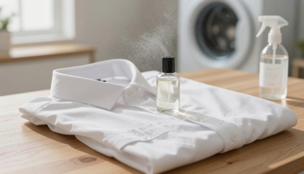 A close-up view of a white shirt laid on a clean, wooden table, with a small bottle of perfume and a spray bottle of fabric freshener beside it. In the foreground, delicate droplets of water are being misted over the fabric, creating a refreshing effect. The middle ground features soft, diffused lighting highlighting the texture of the shirt, emphasizing its fibers and the sheen of the fabric. In the background, a blurred view of a serene, well-organized laundry room can be seen, with sunlight filtering through a window, casting gentle shadows. The atmosphere is calm and efficient, conveying a sense of urgency while maintaining a professional and clean aesthetic.