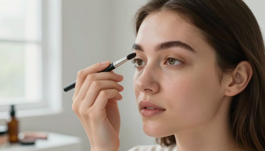 A close-up view of a woman elegantly applying brow makeup in her bathroom. She has naturally arched eyebrows, featuring a soft, defined look that enhances her features. The foreground showcases the application process with a professional eyebrow pencil and a brush, conveying precision. Her face reflects concentration, highlighting the natural glow of her skin in soft, diffused natural light streaming in from a nearby window. The background is a minimalist bathroom setting, with subtle hints of beauty products organized on a counter, emphasizing a clean, everyday beauty routine. The overall mood is calm and inviting, showcasing the simplicity and effectiveness of daily brow makeup. A close-up view of a woman elegantly applying brow makeup in her bathroom. She has naturally arched eyebrows, featuring a soft, defined look that enhances her features. The foreground showcases the application process with a professional eyebrow pencil and a brush, conveying precision. Her face reflects concentration, highlighting the natural glow of her skin in soft, diffused natural light streaming in from a nearby window. The background is a minimalist bathroom setting, with subtle hints of beauty products organized on a counter, emphasizing a clean, everyday beauty routine. The overall mood is calm and inviting, showcasing the simplicity and effectiveness of daily brow makeup.