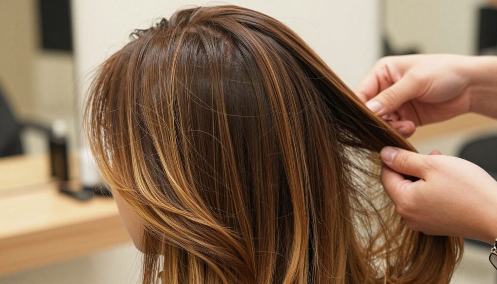 A close-up view of a woman's hair, showcasing a seamless color transition at the roots, emphasizing the technique of blurred color boundaries. The foreground highlights deep brunette hair with gentle golden balayage tones blending smoothly, capturing the natural appearance of freshly touched-up roots. In the middle ground, a stylist's hand is delicately adjusting the hair, demonstrating the application of color treatment. The background features a softly blurred salon environment with warm, inviting lighting, creating an atmosphere of relaxation and professionalism. The angle captures the subtleties of light reflecting off the hair, enhancing the overall softness and vitality of the look. The image should be polished and professional, focusing on the artistry of hair coloring.