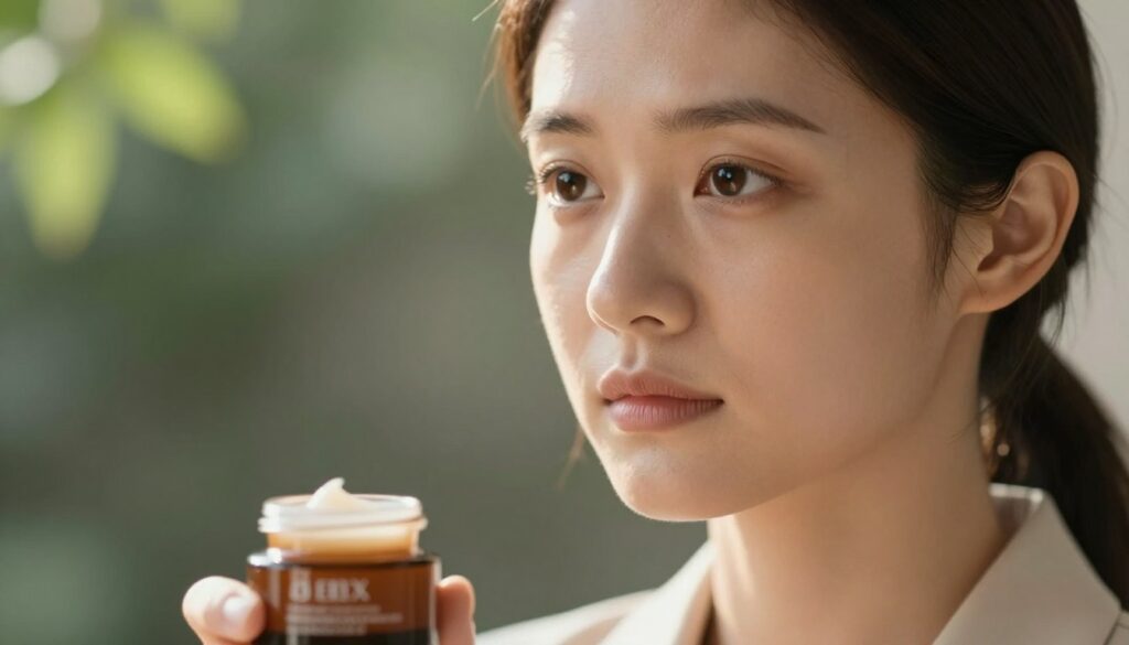 A close-up view of a young woman with visible dark circles under her eyes, conveying a sense of fatigue yet determination. She has a neutral expression, gazing thoughtfully into the distance. The lighting is soft and diffuse, creating a gentle halo effect around her face, enhancing the focus on her eyes. In the foreground, a small jar of eye cream with a sleek design is placed slightly out of focus, hinting at the article's subject. The background is a softly blurred natural setting, suggesting tranquility, with green leaves and warm sunlight filtering through. The overall mood is reflective and calm, suitable for a discussion about skincare ingredients, particularly focused on brightening effects. The woman is dressed in a modest, professional outfit, conveying a sense of elegance and professionalism. A close-up view of a young woman with visible dark circles under her eyes, conveying a sense of fatigue yet determination. She has a neutral expression, gazing thoughtfully into the distance. The lighting is soft and diffuse, creating a gentle halo effect around her face, enhancing the focus on her eyes. In the foreground, a small jar of eye cream with a sleek design is placed slightly out of focus, hinting at the article's subject. The background is a softly blurred natural setting, suggesting tranquility, with green leaves and warm sunlight filtering through. The overall mood is reflective and calm, suitable for a discussion about skincare ingredients, particularly focused on brightening effects. The woman is dressed in a modest, professional outfit, conveying a sense of elegance and professionalism.