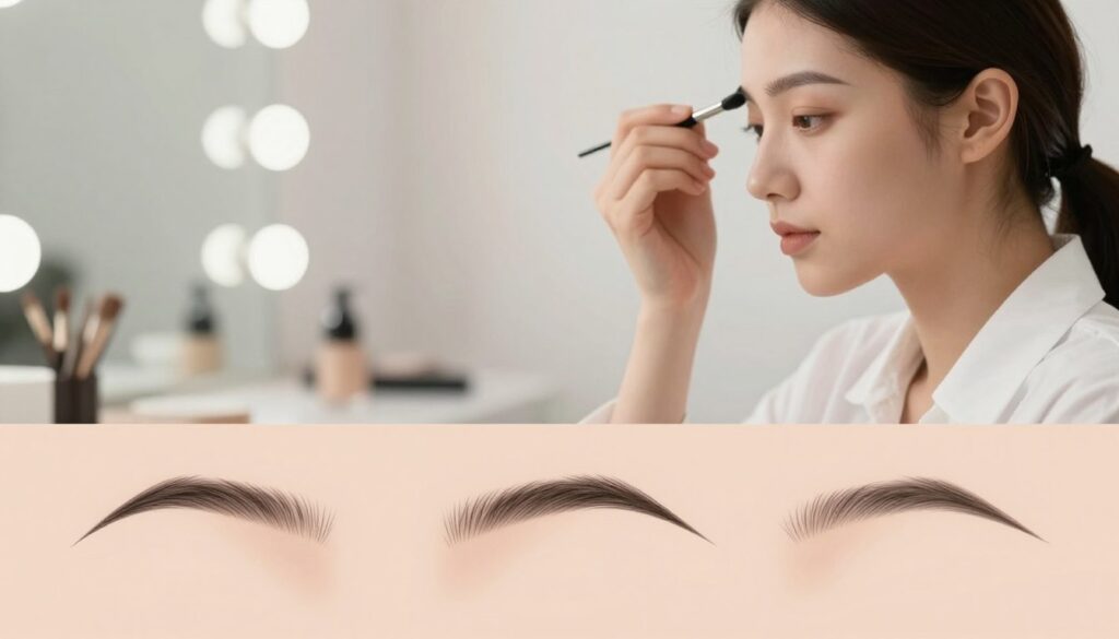 A close-up view of elegantly shaped eyebrows that highlights various natural brow styles tailored to different face shapes. In the foreground, three eyebrow silhouettes are illustrated: an arched, a straight, and a rounded shape, each on a subtle skin tone backdrop. Soft diffused lighting enhances the texture of the brows, accentuating their natural hair patterns. The middle ground features a soft-focus image of a professional beauty expert applying brow makeup, wearing a simple white shirt. The background is an aesthetically pleasing, blurred beauty studio, contributing to a tranquil and sophisticated atmosphere. The composition draws attention to the brows while invoking a sense of elegance and femininity, embodying the concept of personalized beauty.