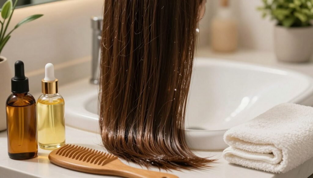 A close-up view of healthy, shiny hair in a well-lit, serene bathroom setting, emphasizing the texture and natural shine of the strands. In the foreground, a selection of hair care accessories, like a wooden comb, a glass jar of hydrating oil, and a clean towel, are neatly arranged. The middle ground features a softly illuminated sink with water glistening, creating a calming atmosphere. In the background, subtle hints of greenery, like potted plants, enhance the natural theme. The lighting is warm and inviting, suggesting a relaxing self-care ritual. The overall mood is tranquil and encouraging, perfect for preparing for a hair oiling treatment.