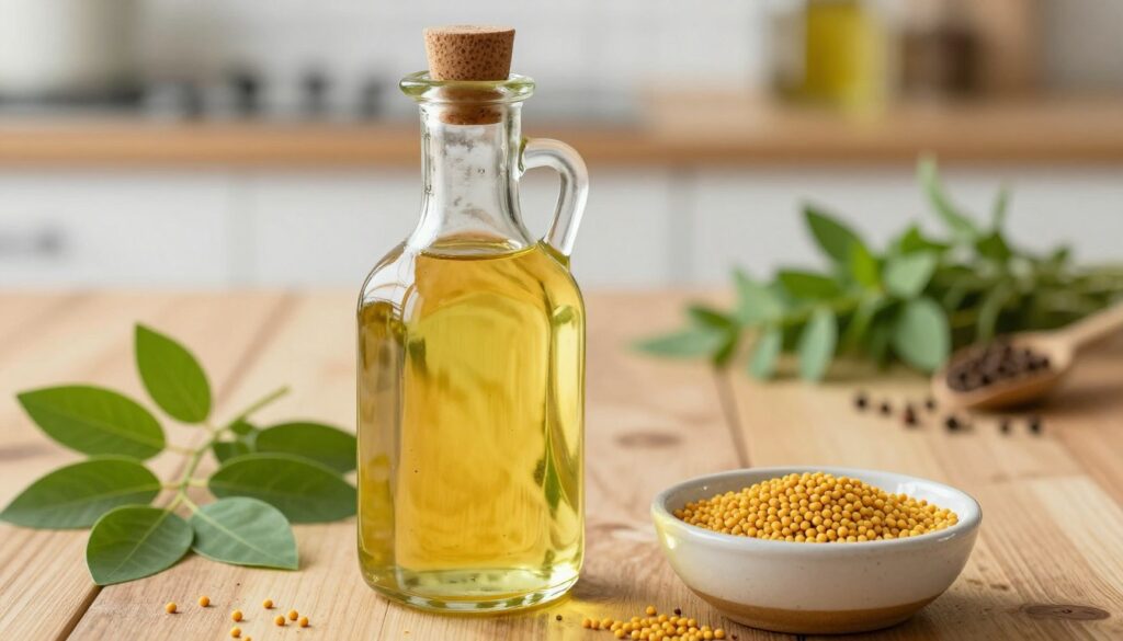 A close-up view of mustard oil in a rustic glass bottle, elegantly placed on a wooden table, surrounded by fresh mustard seeds and green mustard leaves. The warm, golden hue of the oil reflects soft natural light, creating an inviting atmosphere. In the foreground, a small ceramic bowl holds a few mustard seeds, symbolizing its culinary uses. In the background, a blurred kitchen setting includes herbs and spices, reinforcing the article's theme. The overall mood is calm and informative, emphasizing the safety and proper handling of mustard oil. The focus is on the purity and organic nature of the oil, conveyed through a shallow depth of field. The image should evoke a sense of care and professionalism, suitable for an educational context.