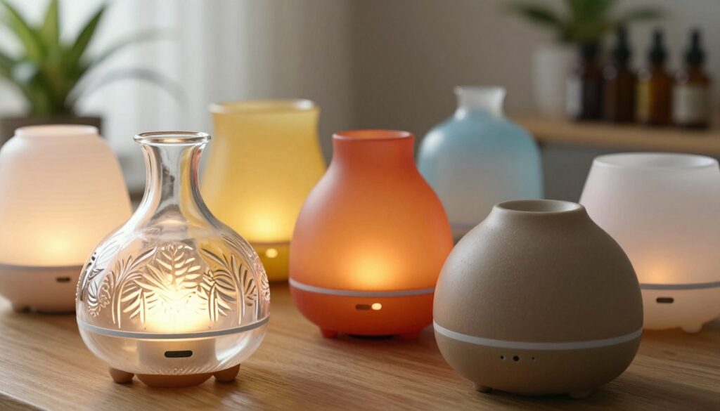 A close-up view of various aromatherapy diffusers made from different materials: glass, ceramic, and plastic. In the foreground, a beautifully crafted glass diffuser with intricate patterns, reflecting soft sunlight, is elegantly placed beside a matte ceramic diffuser with a textured surface. In the middle ground, a colorful array of diffusers made from durable synthetic materials, showcasing modern designs, is arranged neatly. The background features a serene, softly lit room with plants and essential oil bottles, enhancing the calming atmosphere. The lighting is warm and inviting, emphasizing the textures and colors of the materials. Capture the essence of quality and durability, highlighting the importance of material selection in aromatherapy devices.