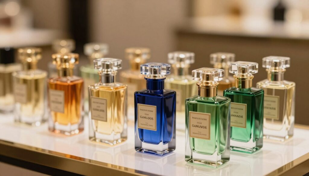 A collection of original perfume samples displayed elegantly on a smooth, reflective surface. In the foreground, focus on two or three beautifully designed glass vials, showcasing their intricate shapes and labels, hinting at premium fragrances inside. Each vial should have a unique color palette, reflecting the essence of the perfumes—amber, deep blue, and emerald green. In the middle ground, a blurred arrangement of additional vials creates a sense of variety and depth. The background features a softly lit, luxurious setting with a subtle bokeh effect, evoking a warm and inviting atmosphere. The lighting should be soft and diffused, highlighting the glass and the elegant details without harsh shadows. Capture an enticing yet professional mood, perfect for a sophisticated audience curious about authentic perfume samples.
