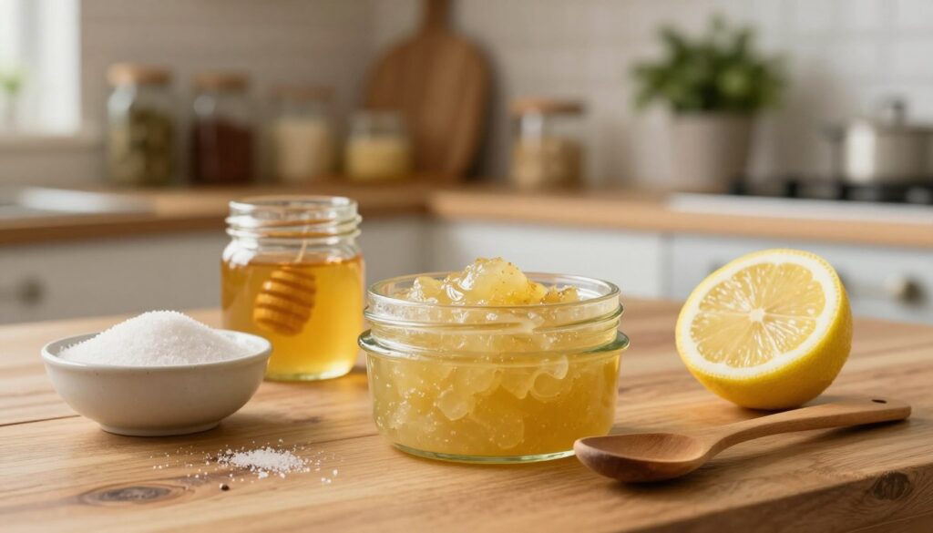 A cozy home kitchen scene featuring a rustic wooden table adorned with natural ingredients for a lip scrub. In the foreground, a small bowl filled with sugar, a jar of honey, and a slice of fresh lemon are artfully arranged, along with a wooden spoon. A clear glass container holds the finished lip scrub mixture, glistening under soft, warm light. In the background, shelves filled with herbal jars and a potted plant add a welcoming atmosphere. The focus is on the homemade aspect of the lip scrub process, conveying warmth and comfort. The lighting is soft and gentle, creating an inviting feel, with a shallow depth of field to emphasize the ingredients in the foreground while softly blurring the background.