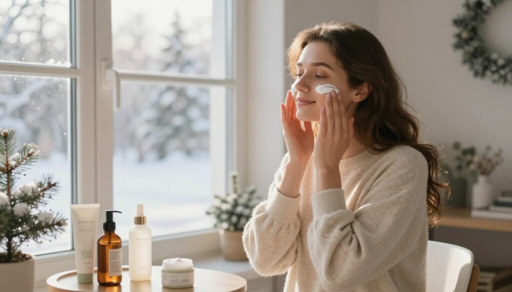 A cozy indoor scene featuring a young woman in modest, casual winter clothing applying a nourishing winter cream to her face. She stands in front of a large window, showcasing a soft, diffused winter sunlight streaming in, casting a warm glow. The background is subtly decorated with winter-themed elements, such as a snow-covered landscape visible outside and evergreen plants indoors. In the foreground, a small table displays various skincare products, emphasizing the importance of layering and proper application. The atmosphere is calm and nurturing, highlighting self-care amidst the winter chill. The image should convey warmth, comfort, and the essential ritual of winter skincare, with a focus on the act of applying cream.