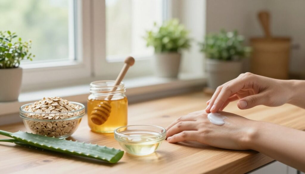 A cozy kitchen scene illustrating various home remedies for soothing itchy skin. In the foreground, a wooden table is adorned with natural ingredients such as oatmeal, honey, aloe vera, and a small bowl of coconut oil. A hand, gently applying a soothing cream to forearm skin, reflects a serene expression. The middle layer features a bright window with soft, natural light streaming in, illuminating the ingredients while creating a warm atmosphere. In the background, potted plants and herbs add a touch of greenery, enhancing the homely feel. The overall mood is calm and inviting, suggesting a nurturing approach to skincare. The scene is captured with a soft focus lens to create a gentle, soothing effect.