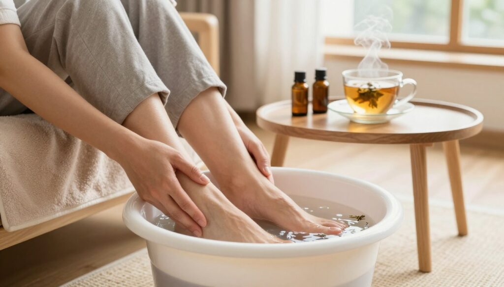 A cozy, serene setting focuses on a pair of tired feet soaking in a warm foot bath, surrounded by calming elements like soft towels and soothing herbs. In the foreground, a person wearing comfortable, modest casual clothing gently massages their feet, conveying relief and relaxation. The middle ground highlights a small table with essential oils and a steaming cup of herbal tea, while in the background, soft natural light streams in from a nearby window, creating a warm and inviting atmosphere. The composition captures a sense of tranquility and rejuvenation, emphasizing effective personal care for sore feet after a long day's work. The overall mood should be peaceful and restorative, inviting viewers to envision their own moments of reprieve.