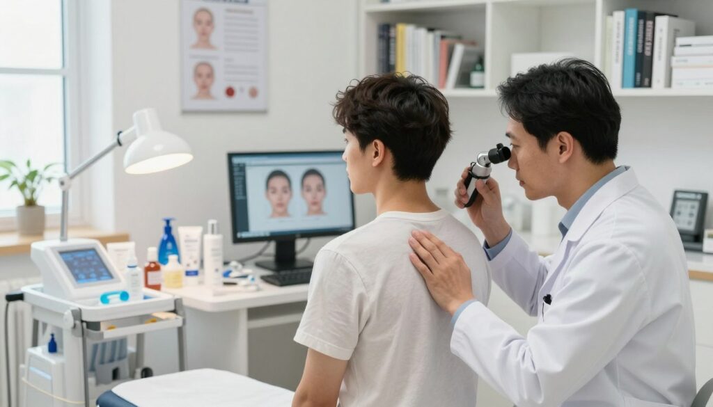 A dermatologist's office during a consultation, featuring a focused and professional atmosphere. In the foreground, a dermatologist in a white coat, examining a patient's back with a dermatoscope. The patient, a young adult wearing a modest shirt, sits on an examination table looking attentive. In the middle ground, an array of skincare products and medical tools, including a calming lamp and a computer screen displaying skin analysis results. The background contains medical charts and a bookshelf filled with dermatology reference books. Natural light filters through a window, creating a bright and welcoming environment. The image conveys a sense of trust, professionalism, and the importance of seeking dermatological advice. A dermatologist's office during a consultation, featuring a focused and professional atmosphere. In the foreground, a dermatologist in a white coat, examining a patient's back with a dermatoscope. The patient, a young adult wearing a modest shirt, sits on an examination table looking attentive. In the middle ground, an array of skincare products and medical tools, including a calming lamp and a computer screen displaying skin analysis results. The background contains medical charts and a bookshelf filled with dermatology reference books. Natural light filters through a window, creating a bright and welcoming environment. The image conveys a sense of trust, professionalism, and the importance of seeking dermatological advice.