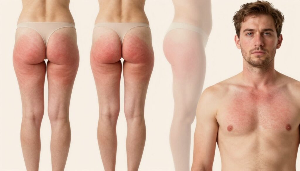 A detailed anatomical illustration showing localized areas of skin inflammation related to folliculitis on various parts of the body: legs, buttocks, thighs, back, chest, and face. In the foreground, prominently display skin textures with different types of rashes or inflammation marked clearly. The middle ground features a soft, neutral background to emphasize the skin details, with gentle, diffused lighting to create a clinical yet informative atmosphere. The image should be captured from a slight angle to give depth, resembling a medical illustration. The overall mood should be educational and professional, suitable for a healthcare article. Ensure all representations of human features are depicted in modest clothing, maintaining a Safe For Work standard. Avoid text, labels, or any sign of watermarking.