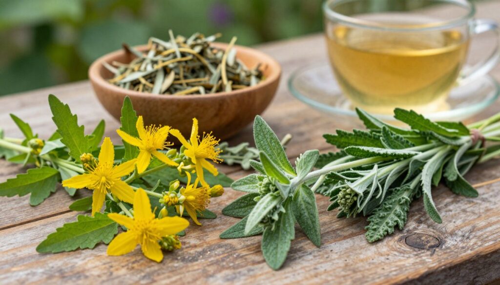 A detailed close-up of various phototoxic herbs and plants arranged on a rustic wooden table, showcasing their vibrant colors and textures. In the foreground, display sprigs of St. John's Wort, Angelica, and Rue with compelling lighting that highlights their natural oils glistening under soft sunlight. In the middle ground, include a bowl containing dried herb samples, alongside a subtle glass of herbal tea, reflecting a calming atmosphere. The background should feature gentle greenery blurred out, suggesting a serene garden setting. Use natural, warm lighting to evoke a sense of tranquility and awareness. The angle should be slightly top-down to emphasize the herbs and their uses, creating a rich, educational visual without any text or people present.