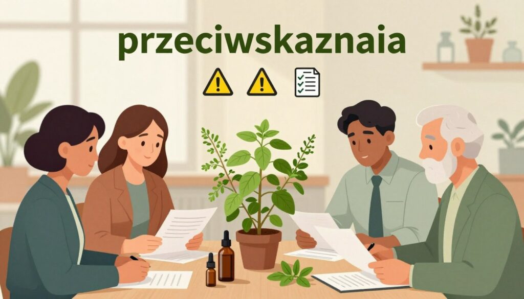 A detailed illustration capturing the concept of "przeciwwskazania" with a focus on health and safety regarding oregano oil usage. In the foreground, a diverse group of individuals in professional attire (a middle-aged woman, a young man, and an elderly person) are gathered around a table, studying documents and discussing health precautions. In the middle ground, an array of natural herbs, including oregano, is artistically arranged alongside cautionary health symbols and icons, like warning triangles and checklists. The background showcases a serene, office-like environment filled with soft, ambient light filtering through large windows, creating a calm and thoughtful atmosphere. The overall mood conveys a sense of careful consideration and awareness of safety, emphasizing the importance of informed usage of oregano oil. A detailed illustration capturing the concept of "przeciwwskazania" with a focus on health and safety regarding oregano oil usage. In the foreground, a diverse group of individuals in professional attire (a middle-aged woman, a young man, and an elderly person) are gathered around a table, studying documents and discussing health precautions. In the middle ground, an array of natural herbs, including oregano, is artistically arranged alongside cautionary health symbols and icons, like warning triangles and checklists. The background showcases a serene, office-like environment filled with soft, ambient light filtering through large windows, creating a calm and thoughtful atmosphere. The overall mood conveys a sense of careful consideration and awareness of safety, emphasizing the importance of informed usage of oregano oil.