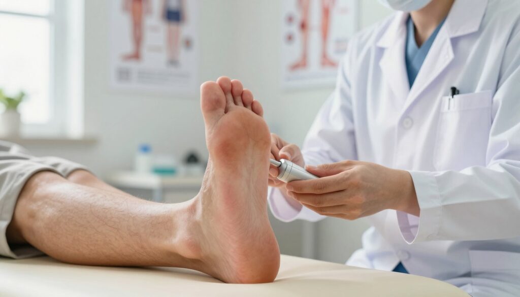 A detailed illustration of a pair of troubled feet, showing signs of vascular issues like varicose veins and swelling. In the foreground, a close-up of the feet resting on a soft surface, highlighting the discomfort. In the middle ground, a medical professional in a crisp white coat examines the feet, using a modern tool to assess circulation. The background features a softly lit clinical setting with medical posters related to foot health. Natural light filters in from a window, creating a calm and serene atmosphere that promotes healing. The composition should capture a sense of concern and professionalism, with an emphasis on care and treatment in a safe, SFW environment.