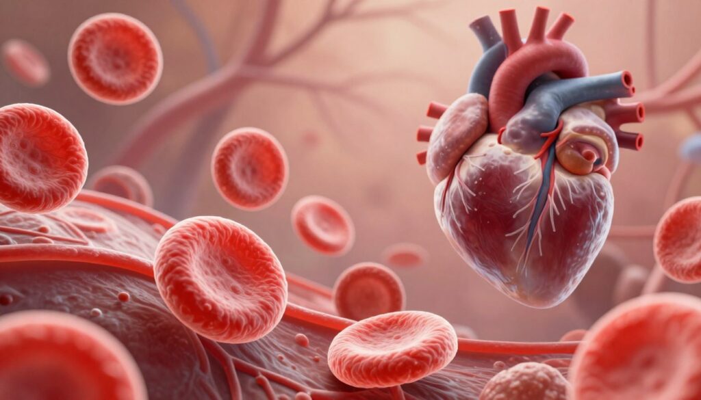A detailed illustration of cholesterol, represented as stylized molecules floating amidst a flowing stream of blood. In the foreground, depict vibrant red and white blood cells interacting with the cholesterol molecules, highlighting their role in the circulatory system. The middle ground should feature a heart pulsating rhythmically, symbolizing its essential function in regulating blood flow and cholesterol levels. In the background, a subtle depiction of arteries and veins, conveying a sense of the cardiovascular system's complexity. The lighting should be soft and warm, creating an inviting yet informative atmosphere. Use a realistic style, with a slight focus blur on the background to emphasize the heart and blood cells, suggesting the dynamic nature of blood circulation and its relation to cholesterol.