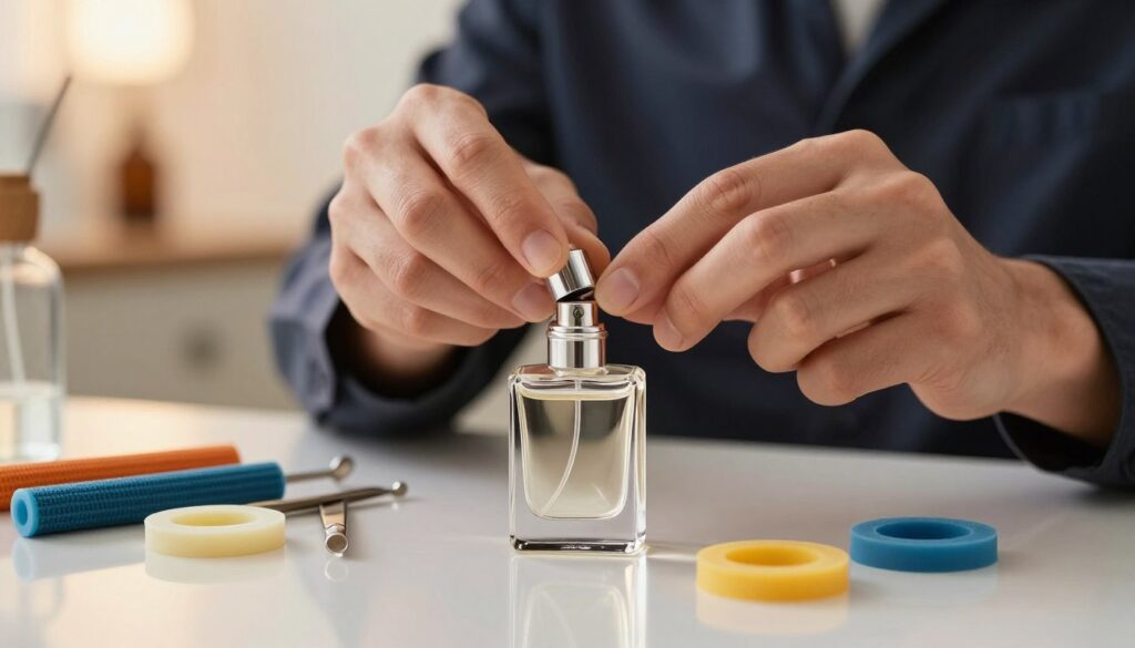 A detailed image featuring various techniques for opening a perfume bottle atomizer without damaging the glass or mechanism. In the foreground, an elegant, clear glass perfume bottle is placed upright on a smooth, reflective surface, showcasing intricate details of its design. Surrounding the bottle, gently used tools like rubber grips and silicone pads are artistically arranged to indicate methods of safe opening. The middle ground features a pair of hands, clad in professional attire, carefully holding the bottle, demonstrating precision and attention to detail. The background is softly blurred, showing hints of a well-lit workshop environment with warm, ambient lighting that creates a serene and focused atmosphere. The overall mood conveys professionalism and expertise in delicate handling.