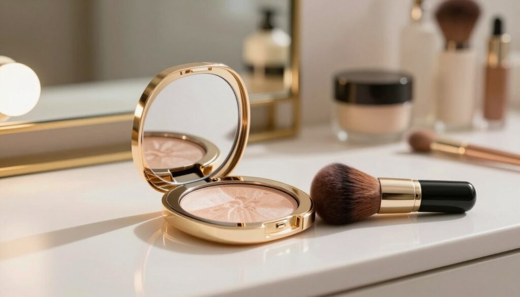 A gracefully arranged makeup scene showcasing a high-quality face highlighter. In the foreground, an elegant gold compact is partially open, revealing a shimmering powder inside, alongside a soft, fluffy brush resting nearby. The middle ground features a clean, modern vanity table with a mirror reflecting soft, warm lighting that highlights the highlighter’s glow. In the background, a stylish, softly blurred bathroom setting adds an air of luxury. The scene captures a serene, inviting atmosphere, perfect for a daily makeup routine. The lighting is soft and flattering, casting gentle shadows that emphasize the highlighter’s luminous effect on skin tones. The overall mood is fresh and radiant, evoking a feeling of everyday elegance in a beauty ritual. A gracefully arranged makeup scene showcasing a high-quality face highlighter. In the foreground, an elegant gold compact is partially open, revealing a shimmering powder inside, alongside a soft, fluffy brush resting nearby. The middle ground features a clean, modern vanity table with a mirror reflecting soft, warm lighting that highlights the highlighter’s glow. In the background, a stylish, softly blurred bathroom setting adds an air of luxury. The scene captures a serene, inviting atmosphere, perfect for a daily makeup routine. The lighting is soft and flattering, casting gentle shadows that emphasize the highlighter’s luminous effect on skin tones. The overall mood is fresh and radiant, evoking a feeling of everyday elegance in a beauty ritual.