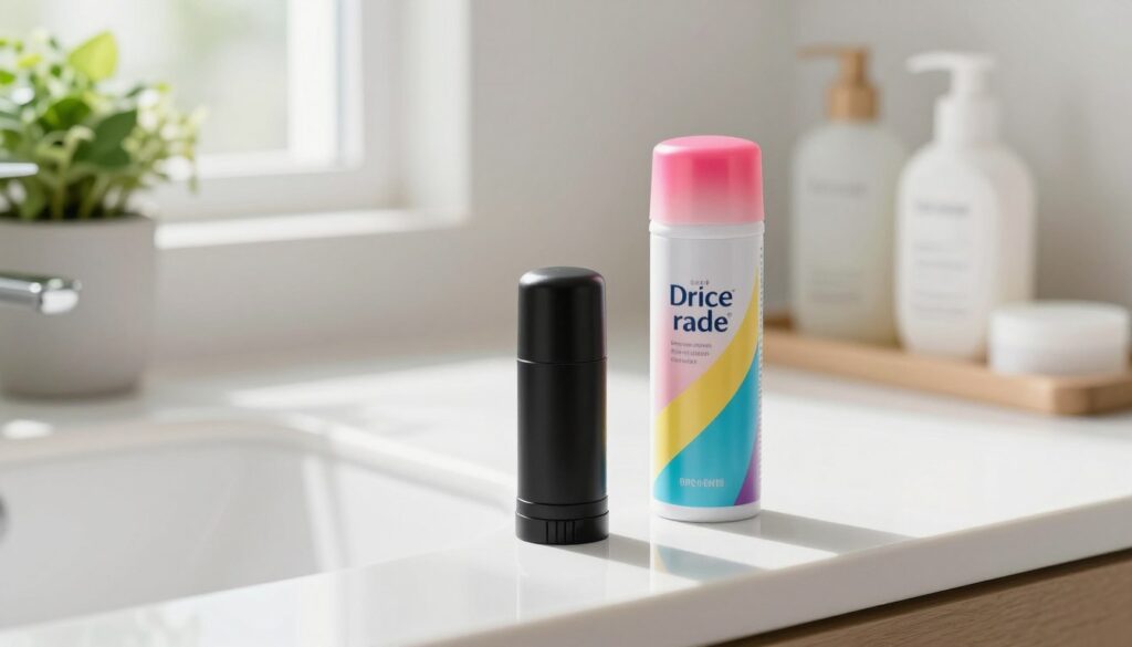 A high-quality image of two distinct types of antiperspirants and deodorants prominently displayed on a clean, minimalist bathroom countertop. In the foreground, place a sleek, modern stick antiperspirant in a matte black container next to a vibrant, colorful aerosol deodorant. In the middle, include subtle reflections of natural light from a window, creating a fresh and inviting atmosphere. The background should show soft-focus elements like a potted plant and neatly arranged toiletries to emphasize cleanliness and order. The overall mood should convey a sense of choice and everyday personal care, evoking a calm and organized bathroom environment. The lighting should be bright and airy, highlighting the products without harsh shadows.