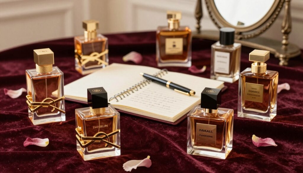 A luxurious flat lay arrangement showcasing a ranking of elegant French perfumes. In the foreground, several beautifully designed perfume bottles, featuring intricate glasswork and gold accents, are carefully placed on a rich velvet cloth in deep burgundy. The middle layer consists of a stylish notebook with handwritten notes about the perfumes, a sleek pen, and delicate flower petals scattered subtly around. In the background, soft diffused lighting bathes the entire scene, creating a warm, inviting atmosphere. The setting features a blurred vintage vanity mirror reflecting hints of opulence, emphasizing sophistication and elegance. The composition should evoke a sense of refinement and allure, capturing the essence of high-end French fragrances. A luxurious flat lay arrangement showcasing a ranking of elegant French perfumes. In the foreground, several beautifully designed perfume bottles, featuring intricate glasswork and gold accents, are carefully placed on a rich velvet cloth in deep burgundy. The middle layer consists of a stylish notebook with handwritten notes about the perfumes, a sleek pen, and delicate flower petals scattered subtly around. In the background, soft diffused lighting bathes the entire scene, creating a warm, inviting atmosphere. The setting features a blurred vintage vanity mirror reflecting hints of opulence, emphasizing sophistication and elegance. The composition should evoke a sense of refinement and allure, capturing the essence of high-end French fragrances.