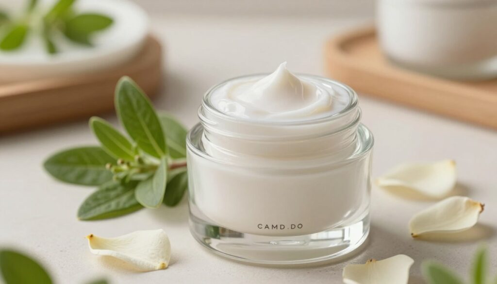 A luxurious multi-functional face cream jar sits elegantly in the foreground, with a smooth, creamy texture visibly oozing from the top. The jar gleams in soft, diffused natural light, emphasizing its sophisticated glass design and minimalistic label. In the middle ground, delicate, organic elements like fresh ceramide-rich plant extracts and soft petals encircle the cream, showcasing its natural ingredients. The background is softly blurred, depicting a serene bathroom setting with natural wooden accents and gentle greenery, evoking a sense of tranquility. The mood is calming and rejuvenating, inviting viewers to experience the benefits of advanced skincare. The angle is slightly top-down, capturing both the cream and its surrounding ingredients harmoniously. A luxurious multi-functional face cream jar sits elegantly in the foreground, with a smooth, creamy texture visibly oozing from the top. The jar gleams in soft, diffused natural light, emphasizing its sophisticated glass design and minimalistic label. In the middle ground, delicate, organic elements like fresh ceramide-rich plant extracts and soft petals encircle the cream, showcasing its natural ingredients. The background is softly blurred, depicting a serene bathroom setting with natural wooden accents and gentle greenery, evoking a sense of tranquility. The mood is calming and rejuvenating, inviting viewers to experience the benefits of advanced skincare. The angle is slightly top-down, capturing both the cream and its surrounding ingredients harmoniously.