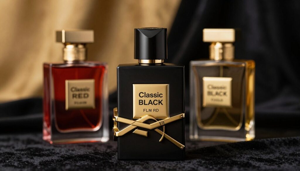 A luxurious, sleek bottle of "Classic Black" perfume, elegantly designed with a matte black finish and refined gold accents, sits prominently in the foreground. To the sides, gently blurred bottles of "Classic Red" and "Classic Gold" provide a sense of comparison, embodying their own subtle elegance with their respective color schemes. The background features a softly lit, opulent setting, adorned with dark velvet fabric and a hint of muted golden light filtering in, creating an inviting atmosphere. The lighting enhances the glossy surfaces of the bottles, casting gentle reflections. The overall mood is sophisticated and intriguing, inviting the viewer to contemplate the allure of each scent. The scene captures the essence of luxury perfumes, focused and enticing, embodying a tasteful choice for discerning individuals.