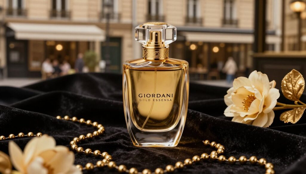 A luxurious still life featuring Giordani Gold Essenza, elegantly displayed in an ornate glass bottle with gold accents. The foreground showcases the glistening perfume bottle, its smooth curves reflecting soft, ambient light. In the middle, a rich, dark velvet cloth provides a sophisticated backdrop, accentuating the opulence of the bottle. Scattered around are delicate gold and cream-colored flowers and shimmering golden beads, adding an extravagant touch. The background features a subtly blurred Parisian café scene, hinting at the essence of French elegance and charm. The overall mood is refined and chic, illuminated by warm, golden lighting to evoke a sense of premium luxury and allure. The composition should be shot from a slightly elevated angle to capture the details of the bottle and surrounding elements. A luxurious still life featuring Giordani Gold Essenza, elegantly displayed in an ornate glass bottle with gold accents. The foreground showcases the glistening perfume bottle, its smooth curves reflecting soft, ambient light. In the middle, a rich, dark velvet cloth provides a sophisticated backdrop, accentuating the opulence of the bottle. Scattered around are delicate gold and cream-colored flowers and shimmering golden beads, adding an extravagant touch. The background features a subtly blurred Parisian café scene, hinting at the essence of French elegance and charm. The overall mood is refined and chic, illuminated by warm, golden lighting to evoke a sense of premium luxury and allure. The composition should be shot from a slightly elevated angle to capture the details of the bottle and surrounding elements.