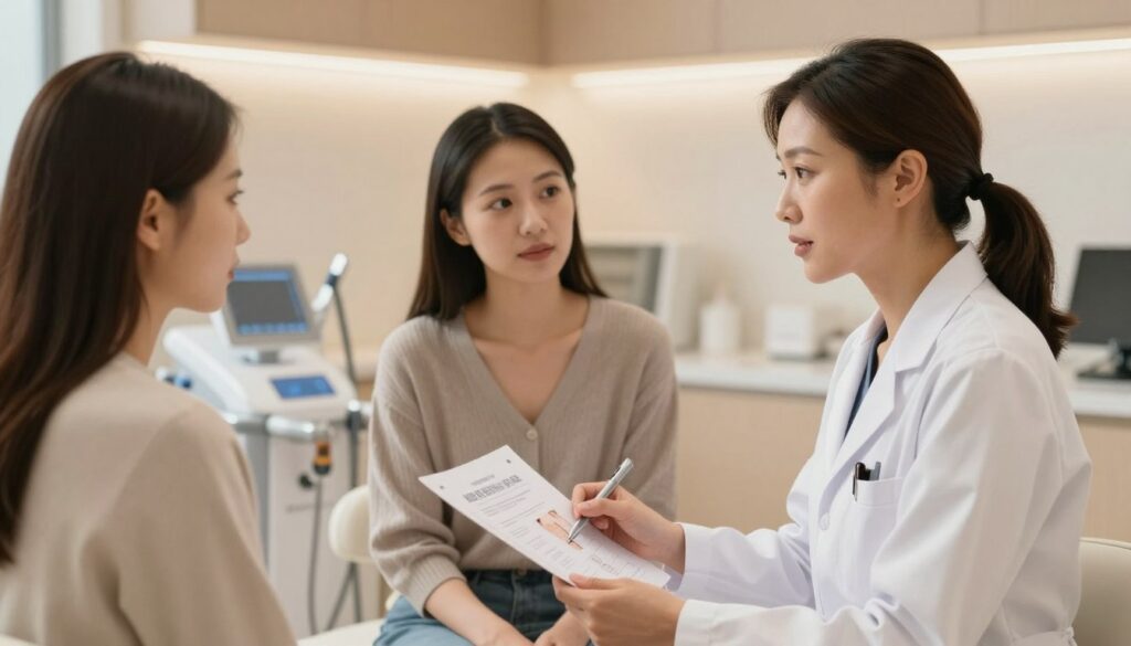 A modern aesthetic medicine clinic interior, showcasing a professional and serene environment. In the foreground, a well-groomed, middle-aged woman in white medical attire is consulting with a client. The client, a young woman in modest casual clothing, is seated, looking attentively at a consultation diagram showing non-invasive treatments for a double chin. In the background, sleek medical equipment is visible, elegantly set against soft, warm lighting that creates a welcoming and calm atmosphere. The lens is slightly blurred at the edges for a cinematic effect, emphasizing the interaction between the doctor and the client. The focus is on professionalism and care in aesthetic medicine practices. A modern aesthetic medicine clinic interior, showcasing a professional and serene environment. In the foreground, a well-groomed, middle-aged woman in white medical attire is consulting with a client. The client, a young woman in modest casual clothing, is seated, looking attentively at a consultation diagram showing non-invasive treatments for a double chin. In the background, sleek medical equipment is visible, elegantly set against soft, warm lighting that creates a welcoming and calm atmosphere. The lens is slightly blurred at the edges for a cinematic effect, emphasizing the interaction between the doctor and the client. The focus is on professionalism and care in aesthetic medicine practices.