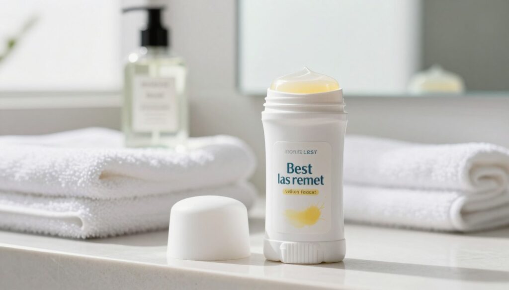 A modern bathroom scene featuring a sleek, cylindrical deodorant stick prominently displayed in the foreground, showcasing its attractive design and a label indicating it won’t leave yellow stains. The deodorant's cap is off, revealing a fresh, creamy product. In the middle ground, there are clean towels and a subtle hint of a light fragrance bottle, all in a neatly organized setting. The background features a bright, airy window allowing natural light to filter in, creating an uplifting atmosphere. The lighting is soft yet illuminating, casting gentle highlights on the deodorant, enhancing its appeal. Overall, the mood should convey a sense of cleanliness and freshness, ideal for choosing the best stain-free deodorant. A modern bathroom scene featuring a sleek, cylindrical deodorant stick prominently displayed in the foreground, showcasing its attractive design and a label indicating it won’t leave yellow stains. The deodorant's cap is off, revealing a fresh, creamy product. In the middle ground, there are clean towels and a subtle hint of a light fragrance bottle, all in a neatly organized setting. The background features a bright, airy window allowing natural light to filter in, creating an uplifting atmosphere. The lighting is soft yet illuminating, casting gentle highlights on the deodorant, enhancing its appeal. Overall, the mood should convey a sense of cleanliness and freshness, ideal for choosing the best stain-free deodorant.