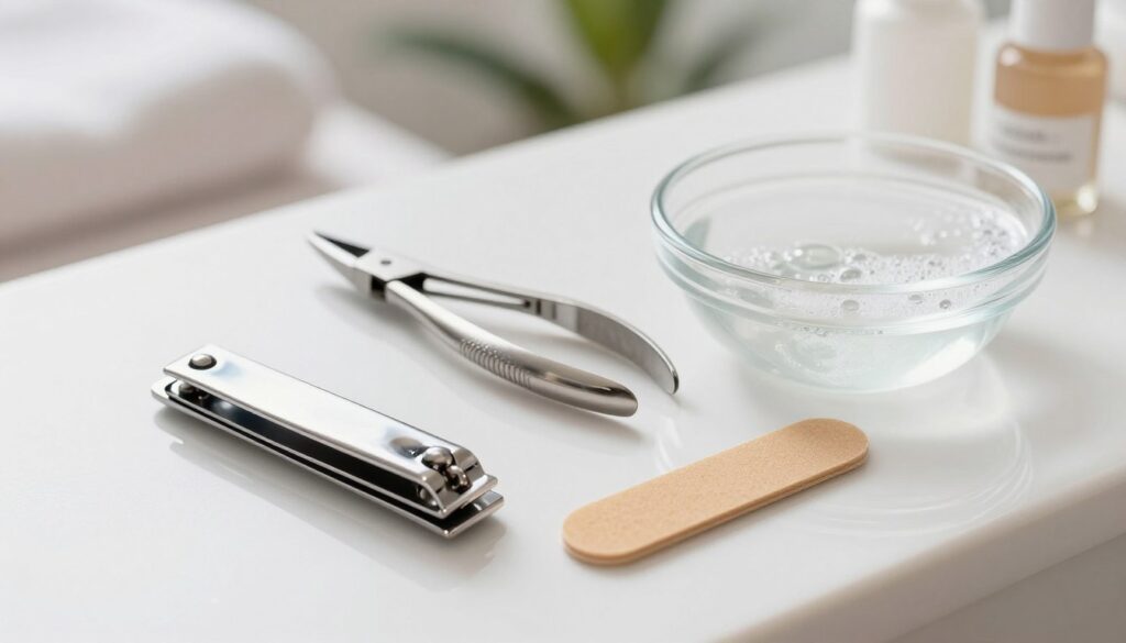 A neatly arranged set of professional nail care tools for pedicure, including clippers, files, and cuticle pushers, positioned elegantly on a clean, white countertop. In the foreground, a shiny metal nail clipper and a wooden emery board reflect soft natural light, showcasing their detailed textures and craftsmanship. The middle ground features a pair of stainless steel cuticle nippers beside a small bowl of soapy water with gentle bubbles, symbolizing hygiene. In the background, a blurred serene spa environment fades softly, suggesting a relaxing atmosphere with calming colors. The overall ambiance is inviting and clean, emphasizing the importance of proper nail care and hygiene practices.