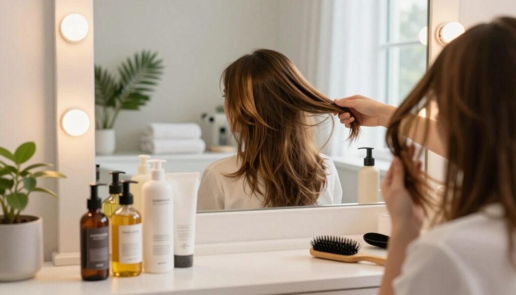 A professional hair care setting focused on hair repair. In the foreground, a neatly arranged vanity table holds a variety of hair care products such as nourishing oils, conditioners, and brushes. A vintage mirror reflects soft, warm lighting, enhancing the ambiance. The middle layer features a hand gently applying a treatment to silky, rejuvenated hair, symbolizing recovery from damage. The background shows a serene bathroom environment adorned with plants and soft towels, conveying a calming atmosphere. Bright, natural light filters in through a window, creating an inviting and restorative mood, while the scene emphasizes a careful and nurturing hair care routine after bleaching. The composition should evoke feelings of hope and renewal. A professional hair care setting focused on hair repair. In the foreground, a neatly arranged vanity table holds a variety of hair care products such as nourishing oils, conditioners, and brushes. A vintage mirror reflects soft, warm lighting, enhancing the ambiance. The middle layer features a hand gently applying a treatment to silky, rejuvenated hair, symbolizing recovery from damage. The background shows a serene bathroom environment adorned with plants and soft towels, conveying a calming atmosphere. Bright, natural light filters in through a window, creating an inviting and restorative mood, while the scene emphasizes a careful and nurturing hair care routine after bleaching. The composition should evoke feelings of hope and renewal.