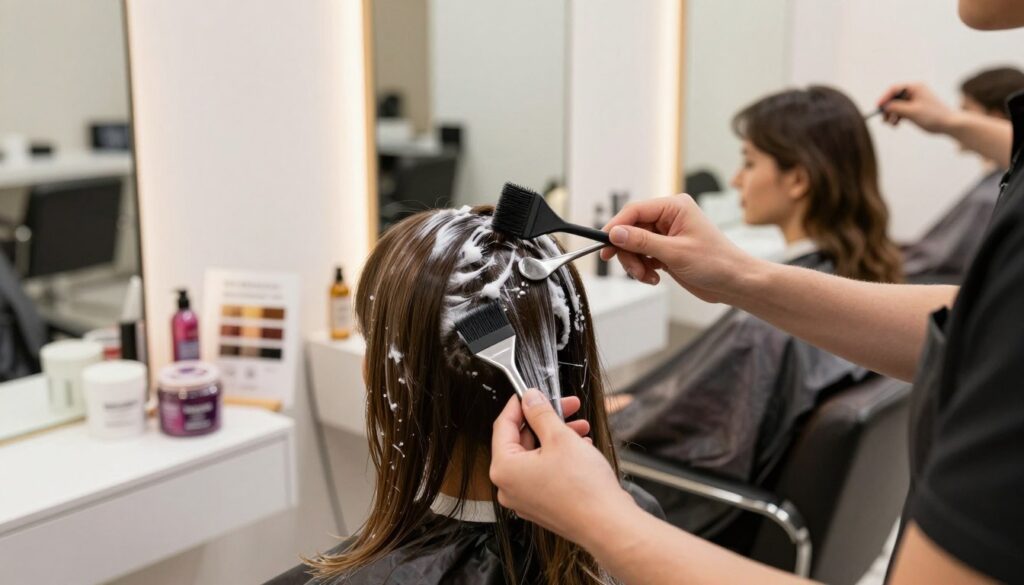 A professional hair stylist in a brightly lit salon, carefully applying a decolorizing treatment to a client's hair. In the foreground, focus on the stylist's hands, showcasing precision as they work with salon tools and brushes. The client sits in a comfortable salon chair, their expression calm and confident, wearing a stylish cape. In the middle, jars of decolorizing products and hair color swatches are visible, representing a range of natural hues. The background features modern salon decor, including mirrors and soft lighting that creates a warm, inviting atmosphere. The overall mood conveys a sense of transformation and rejuvenation, emphasizing effective hair restoration techniques without drastic cuts. The scene captures the essence of returning to one's natural hair color. A professional hair stylist in a brightly lit salon, carefully applying a decolorizing treatment to a client's hair. In the foreground, focus on the stylist's hands, showcasing precision as they work with salon tools and brushes. The client sits in a comfortable salon chair, their expression calm and confident, wearing a stylish cape. In the middle, jars of decolorizing products and hair color swatches are visible, representing a range of natural hues. The background features modern salon decor, including mirrors and soft lighting that creates a warm, inviting atmosphere. The overall mood conveys a sense of transformation and rejuvenation, emphasizing effective hair restoration techniques without drastic cuts. The scene captures the essence of returning to one's natural hair color.