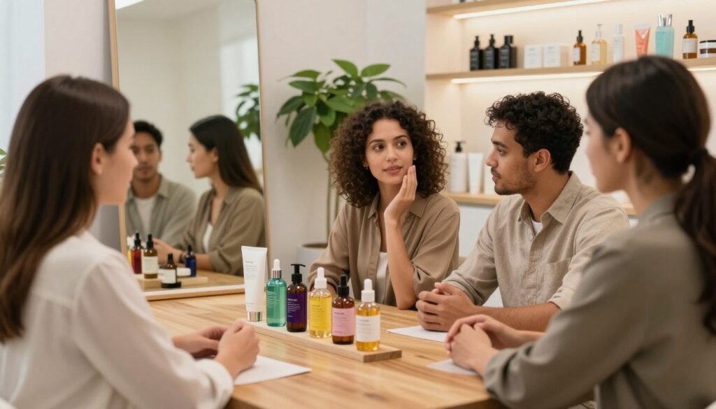 A professional setting featuring a serene beauty consultation space. In the foreground, a diverse group of individuals (two women and one man of various ethnicities) is discussing skin types and toners. They are dressed in smart casual attire. On a sleek wooden table, various toner bottles display vivid labels indicating their specific use for oily, dry, and combination skin. In the middle ground, a large mirror reflects their engaging discussion, while a lush indoor plant adds life. The background features well-organized skincare products on a shelf and soft, ambient lighting creates an inviting atmosphere. Use a warm color palette to evoke a sense of calm and professionalism, capturing the essence of personalized skincare.
