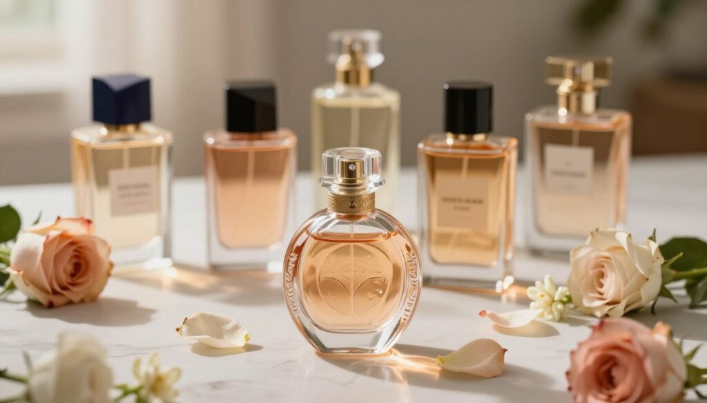 A scented fragrance composition displayed artistically, featuring elegant perfume bottles of varying shapes and sizes. The foreground showcases an exquisite glass bottle with an intricate design, surrounded by delicate petals of flowers like roses and jasmine, hinting at floral notes. In the middle ground, a selection of other perfume bottles reflects various colors, indicating citrus, woody, and sweet scents, arranged on a white marble surface for a clean look. The background is softly blurred to draw attention to the bottles, with a warm, inviting light casting gentle shadows, creating a serene and luxurious atmosphere. Rich textures enhance the mood, evoking the essence of elite fragrances that symbolize Kim Kardashian's signature scents.