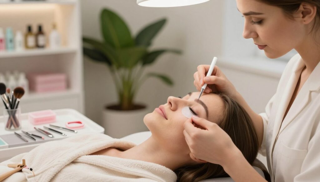 A serene and elegant beauty salon setting featuring a close-up of a professional aesthetician preparing for an eyelash extension procedure. The foreground has a well-lit vanity with beauty tools organized neatly, including tweezers, adhesive, and lash trays. In the middle, a model with natural lashes is sitting comfortably, wearing a cozy robe, her eyes closed to emphasize relaxation. Soft, diffused overhead lighting creates a warm ambiance, enhancing the model’s peaceful expression. In the background, softly blurred shelves display beauty products and lush green plants, adding a touch of tranquility. The overall mood is calm and inviting, perfect for showcasing important pre-treatment care for healthy eyelashes.