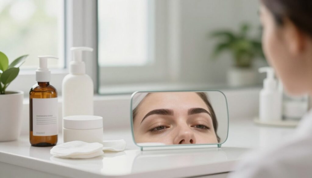 A serene and hygienic setting showcasing a close-up of perfectly groomed eyebrows immediately after a brow procedure. In the foreground, a clean, well-lit bathroom countertop featuring essential hygiene products like a gentle cleanser, soothing cream, and cotton pads. The mid-ground displays soft, natural light filtering through a window, highlighting the smooth skin around the brows and a gentle reflection in a nearby mirror. In the background, hints of greenery from potted plants to emphasize a fresh atmosphere. The overall mood is calm and professional, suggesting a sense of care and attention to detail. The image should evoke feelings of clarity and hygiene, focusing solely on the procedural aftermath without any people present, ensuring a clean and safe representation.