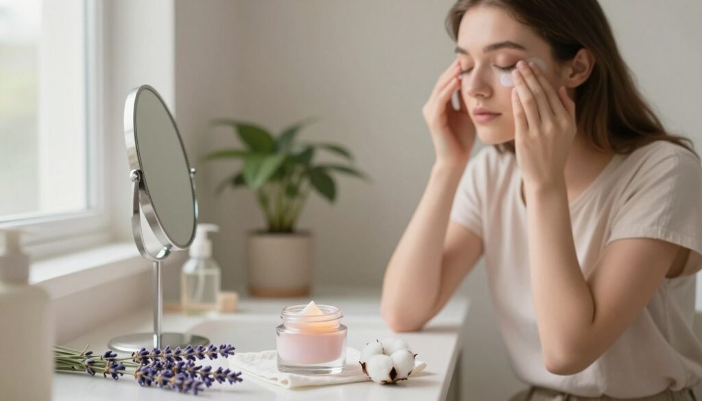 A serene and informative scene depicting a soft, modern bathroom setting, focusing on an elegant vanity. In the foreground, a delicate glass jar of eye cream is placed beside a small mirror, reflecting the gentle light streaming in through a frosted window. The jar is surrounded by natural elements like a sprig of lavender and a soft cotton cloth, symbolizing care for delicate skin. In the middle, a young woman in modest casual attire is gently applying eye cream beneath her eyes, showing her attention to skincare. The background features subtle greenery and soft pastel colors, creating a calming atmosphere. Soft, diffused lighting enhances the tranquility of the scene, evoking a sense of nurturing and beauty. A serene and informative scene depicting a soft, modern bathroom setting, focusing on an elegant vanity. In the foreground, a delicate glass jar of eye cream is placed beside a small mirror, reflecting the gentle light streaming in through a frosted window. The jar is surrounded by natural elements like a sprig of lavender and a soft cotton cloth, symbolizing care for delicate skin. In the middle, a young woman in modest casual attire is gently applying eye cream beneath her eyes, showing her attention to skincare. The background features subtle greenery and soft pastel colors, creating a calming atmosphere. Soft, diffused lighting enhances the tranquility of the scene, evoking a sense of nurturing and beauty.