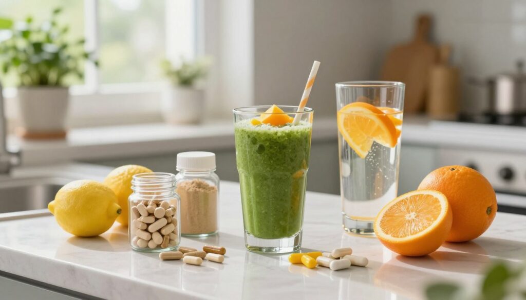A serene and inviting kitchen countertop scene featuring an array of dietary supplements rich in Vitamin C. In the foreground, neatly arranged supplements in various forms: capsules, tablets, and powders in transparent jars, with fresh oranges and lemons artfully placed beside them. In the middle, an open green smoothie blending with bright chunks of fruit captures a sense of vitality, while an elegant glass of citrus-infused water reflects the light, creating a fresh atmosphere. In the background, soft natural lighting filters through a window adorned with potted herbs, enhancing the mood of health and wellness. The overall composition conveys a balanced, healthy lifestyle, free from clutter, emphasizing the importance of Vitamin C and dietary supplements in skincare. A serene and inviting kitchen countertop scene featuring an array of dietary supplements rich in Vitamin C. In the foreground, neatly arranged supplements in various forms: capsules, tablets, and powders in transparent jars, with fresh oranges and lemons artfully placed beside them. In the middle, an open green smoothie blending with bright chunks of fruit captures a sense of vitality, while an elegant glass of citrus-infused water reflects the light, creating a fresh atmosphere. In the background, soft natural lighting filters through a window adorned with potted herbs, enhancing the mood of health and wellness. The overall composition conveys a balanced, healthy lifestyle, free from clutter, emphasizing the importance of Vitamin C and dietary supplements in skincare.