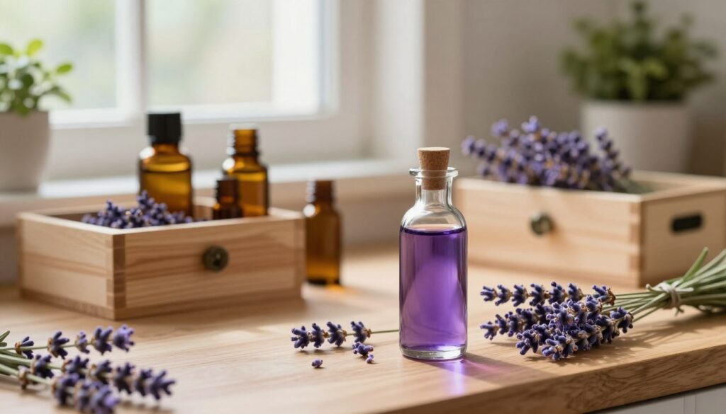 A serene and inviting scene displaying the storage of lavender oil in a rustic kitchen environment. In the foreground, a beautiful glass bottle filled with a rich purple lavender oil sits elegantly on a wooden countertop, surrounded by dried lavender flowers. In the middle, there are various storage options, such as amber glass bottles and wooden boxes, emphasizing the importance of protecting essential oils from light. The background showcases soft, natural light streaming through a window, highlighting a cozy, herbal-themed decor with green plants nearby. The mood is calming and peaceful, reflecting the essence of lavender. The image aims to create a sense of warmth and care associated with preserving lavender oil.