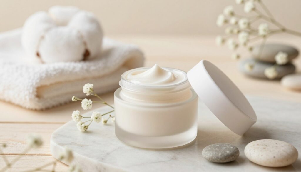 A serene and inviting scene featuring a luxurious, creamy ceramide moisturizer placed artistically on a soft, textured surface like marble or light wood. In the foreground, the cream is elegantly packaged in a chic, minimalistic jar with a sleek lid slightly ajar, revealing the smooth texture of the cream inside. Surrounding the jar are delicate natural elements such as soft baby breath flowers and smooth stones, enhancing the calming atmosphere. In the middle ground, include casual yet sophisticated skincare elements like a soft cotton cloth and a stylish applicator, suggesting a spa-like setting. The background should be softly blurred, featuring muted shades of cream and pastel colors to evoke a sense of tranquility and self-care. Natural diffused lighting creates a warm, inviting glow, highlighting the cream's rich texture and inviting viewers to consider its benefits for skin barrier support. A serene and inviting scene featuring a luxurious, creamy ceramide moisturizer placed artistically on a soft, textured surface like marble or light wood. In the foreground, the cream is elegantly packaged in a chic, minimalistic jar with a sleek lid slightly ajar, revealing the smooth texture of the cream inside. Surrounding the jar are delicate natural elements such as soft baby breath flowers and smooth stones, enhancing the calming atmosphere. In the middle ground, include casual yet sophisticated skincare elements like a soft cotton cloth and a stylish applicator, suggesting a spa-like setting. The background should be softly blurred, featuring muted shades of cream and pastel colors to evoke a sense of tranquility and self-care. Natural diffused lighting creates a warm, inviting glow, highlighting the cream's rich texture and inviting viewers to consider its benefits for skin barrier support.