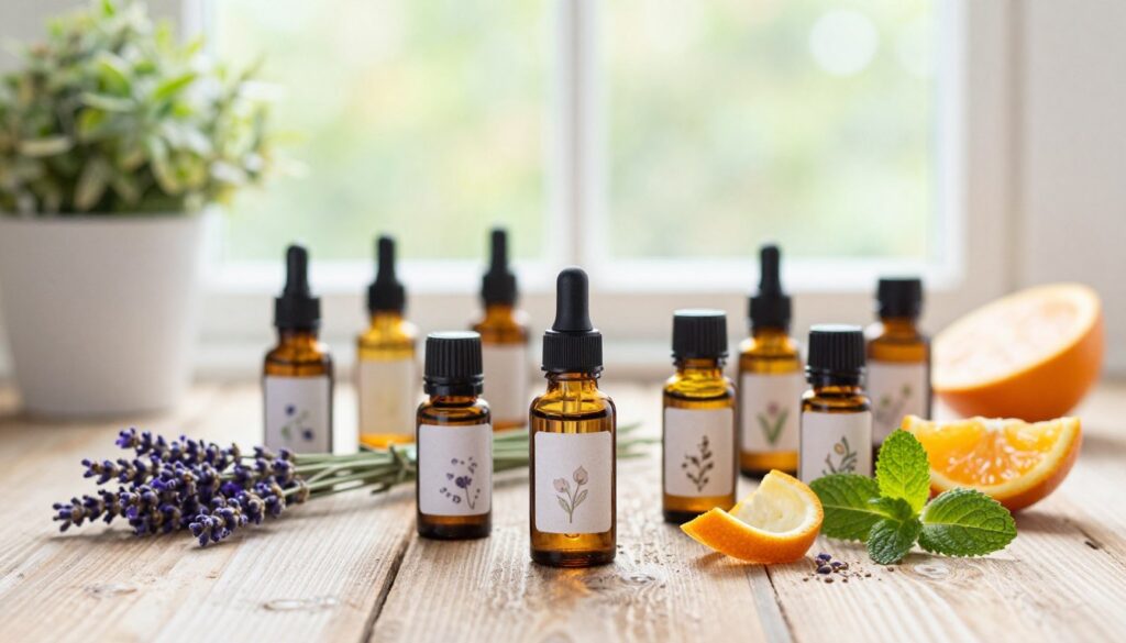 A serene and inviting scene featuring essential oil bottles arranged elegantly on a rustic wooden table. In the foreground, a variety of essential oils in glass dropper bottles, each labeled with subtle floral designs, exuding a sense of quality and natural ingredients. The middle ground showcases fresh ingredients like lavender sprigs, citrus peels, and mint leaves, contributing to the vibrant color palette. In the background, blurred soft-focus plants and an airy window allow natural light to flood the scene, creating a bright and refreshing atmosphere. The overall composition conveys a mood of tranquility and wellness, inviting viewers to explore the uses and quality of water-soluble essential oils.