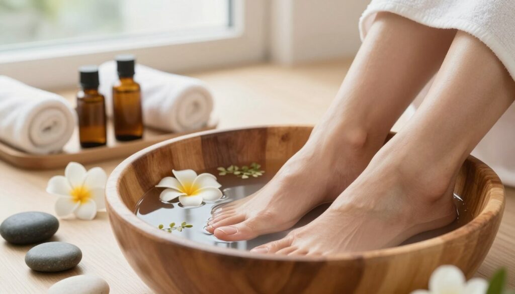 A serene and inviting scene focusing on tired feet soaking in a relaxing foot bath. In the foreground, a pair of well-groomed feet is resting in a wooden bowl filled with warm herbal-infused water, surrounded by delicate flowers and soothing stones. The middle ground features a table with calming essential oils and soft towels, hinting at a spa-like atmosphere. In the background, soft, natural light streams in through a nearby window, illuminating the scene and creating a calm ambiance. The overall mood is peaceful and restorative, perfect for showcasing a relaxing bath experience aimed at alleviating discomfort. The image should convey tranquility and care, emphasizing self-pampering and foot care without clutter or distractions. A serene and inviting scene focusing on tired feet soaking in a relaxing foot bath. In the foreground, a pair of well-groomed feet is resting in a wooden bowl filled with warm herbal-infused water, surrounded by delicate flowers and soothing stones. The middle ground features a table with calming essential oils and soft towels, hinting at a spa-like atmosphere. In the background, soft, natural light streams in through a nearby window, illuminating the scene and creating a calm ambiance. The overall mood is peaceful and restorative, perfect for showcasing a relaxing bath experience aimed at alleviating discomfort. The image should convey tranquility and care, emphasizing self-pampering and foot care without clutter or distractions.