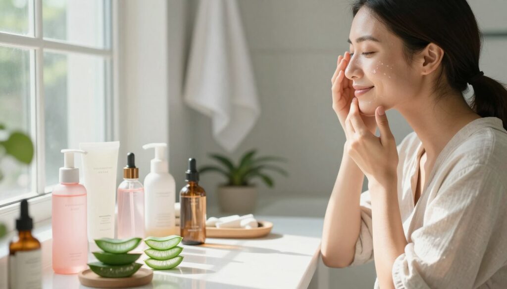A serene and inviting skincare preparation scene, featuring a well-organized vanity with various skincare products, including gentle cleansers and moisturizers. In the foreground, a smiling woman in a modest casual outfit is applying a hydrating serum to her face, showcasing a calm and focused expression. The middle ground displays an aesthetic arrangement of natural skincare items, like aloe vera and rose water, all well-lit with soft, natural sunlight filtering through a nearby window. The background features a light, airy bathroom setting with soft white towels hanging and green plants adding a touch of freshness. The mood should evoke a sense of relaxation and wellness, emphasizing the importance of preparing skin for treatments while minimizing irritation. The composition should be shot at eye level, capturing both the detailed skincare items and the woman's expression harmoniously.