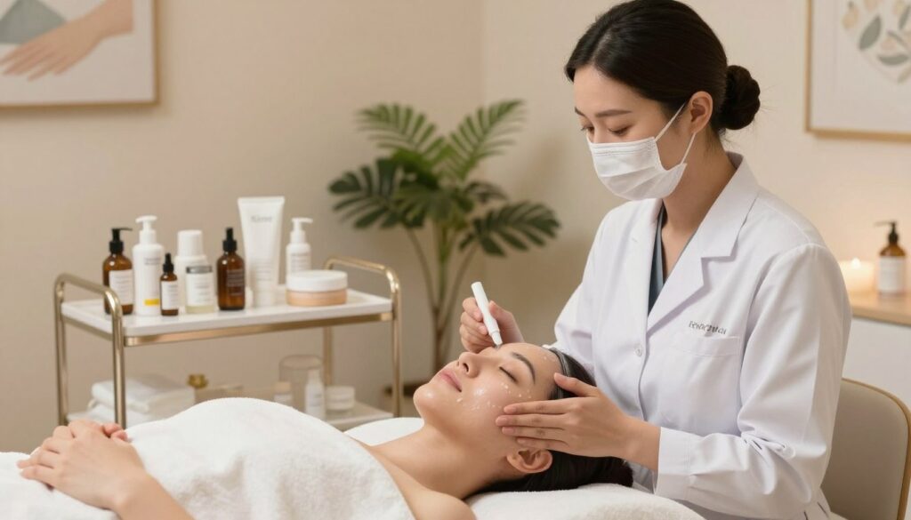 A serene and inviting spa setting focusing on skin care treatments. In the foreground, a professional aesthetician, dressed in a crisp white lab coat, is gently performing a facial treatment on a client, highlighting the process of cavitation peeling. The client, a woman with healthy skin, is relaxed on a treatment bed with soft towels. In the middle ground, an array of skincare products, including serums and moisturizers, is neatly arranged on a sleek counter, emphasizing the importance of tailored skincare. The background features calming lighting with soft, warm tones, enhancing the peaceful atmosphere. Decorative plants and soothing artwork adorn the walls, contributing to an overall mood of relaxation and wellness.