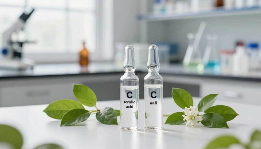 A serene and well-lit laboratory setting showcasing two key ingredients: ferulic acid and hyaluronic acid. In the foreground, elegant glass vials filled with clear liquid, surrounded by fresh green leaves and delicate flowers, emphasizing their natural origins. In the middle background, a modern workbench with scientific equipment, such as beakers and pipettes, softly illuminated by diffused daylight streaming in through a nearby window. The atmosphere is calming and professional, highlighting the importance of these ingredients in serum formulation. The focus is sharp, capturing the vibrant colors and textures of the vials and the greenery. The overall mood is clean, fresh, and inviting, symbolizing the enhancement of vitamin C serums.