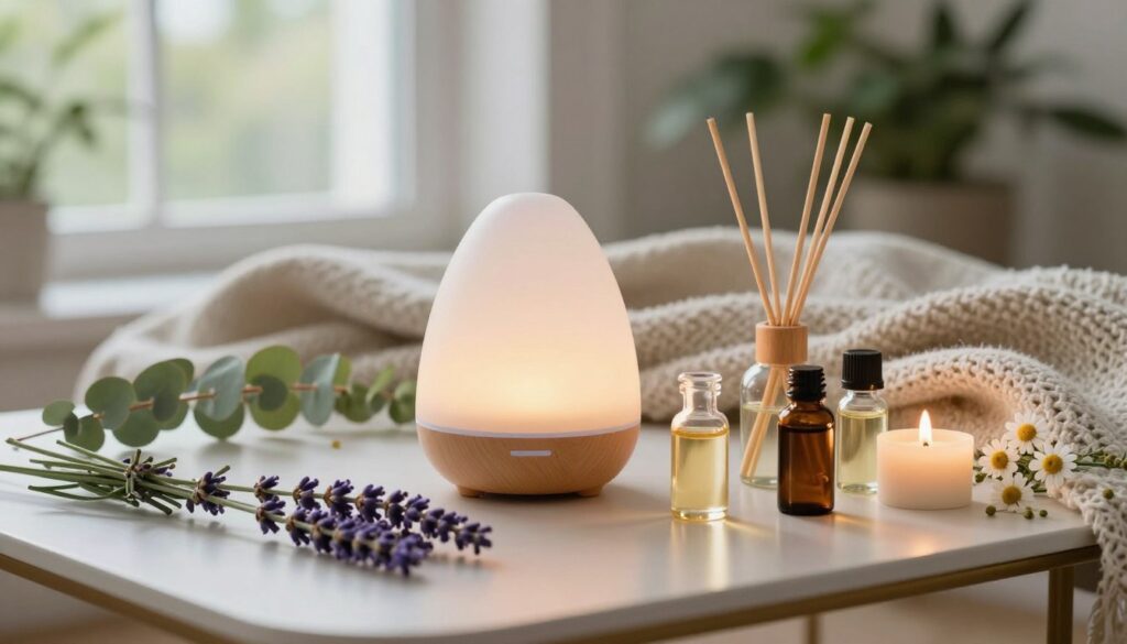A serene aromatherapy scene featuring a calming essential oil diffuser surrounded by delicate glass bottles filled with various essential oils. In the foreground, a sprig of lavender rests beside a lit candle, with soft, warm lighting casting gentle shadows. In the middle, a cozy, softly textured blanket lies over a low coffee table, scattered with fresh herbs and calming botanical elements like eucalyptus and chamomile. In the background, a tranquil setting includes soft-focused greenery and a large window, letting in natural light that enhances the peaceful ambiance. The mood is inviting and soothing, designed to evoke feelings of relaxation and wellness, perfect for stress relief.