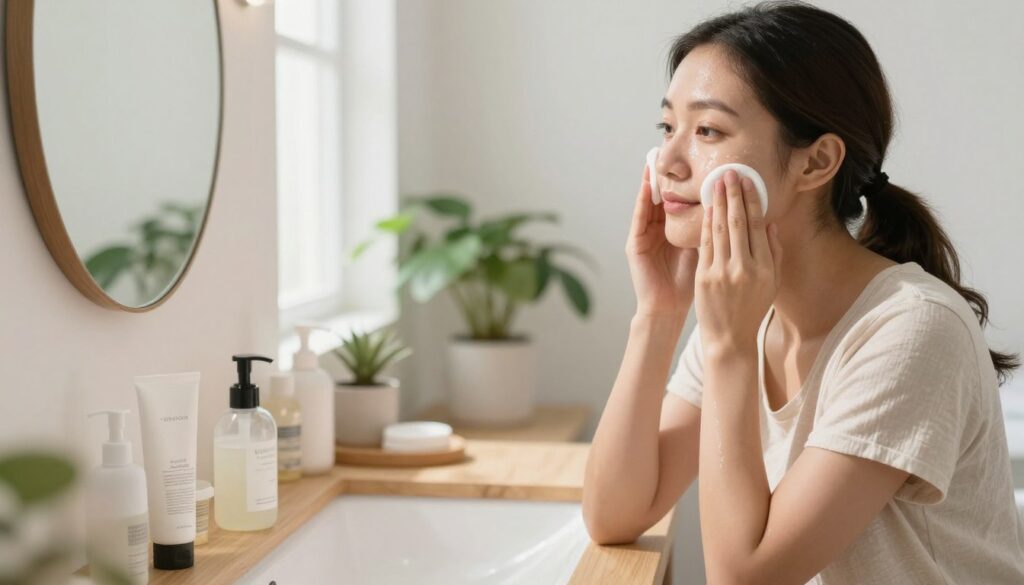 A serene bathroom scene featuring a light and airy atmosphere. In the foreground, a wooden countertop displays an array of skincare products, including a gentle cleansing milk elegantly packaged. A round mirror reflects soft natural light filtering in from a window, creating a warm glow. In the middle ground, a woman with a relaxed expression is gently cleansing her face with a cotton pad, wearing a simple, modest light cotton top. Her skin appears healthy and radiant. The background features soft-focus green plants, enhancing the calming ambiance of the space. The lighting is bright yet soft, evoking a sense of cleanliness and freshness, with a shallow depth of field focusing on the subject. A serene bathroom scene featuring a light and airy atmosphere. In the foreground, a wooden countertop displays an array of skincare products, including a gentle cleansing milk elegantly packaged. A round mirror reflects soft natural light filtering in from a window, creating a warm glow. In the middle ground, a woman with a relaxed expression is gently cleansing her face with a cotton pad, wearing a simple, modest light cotton top. Her skin appears healthy and radiant. The background features soft-focus green plants, enhancing the calming ambiance of the space. The lighting is bright yet soft, evoking a sense of cleanliness and freshness, with a shallow depth of field focusing on the subject.