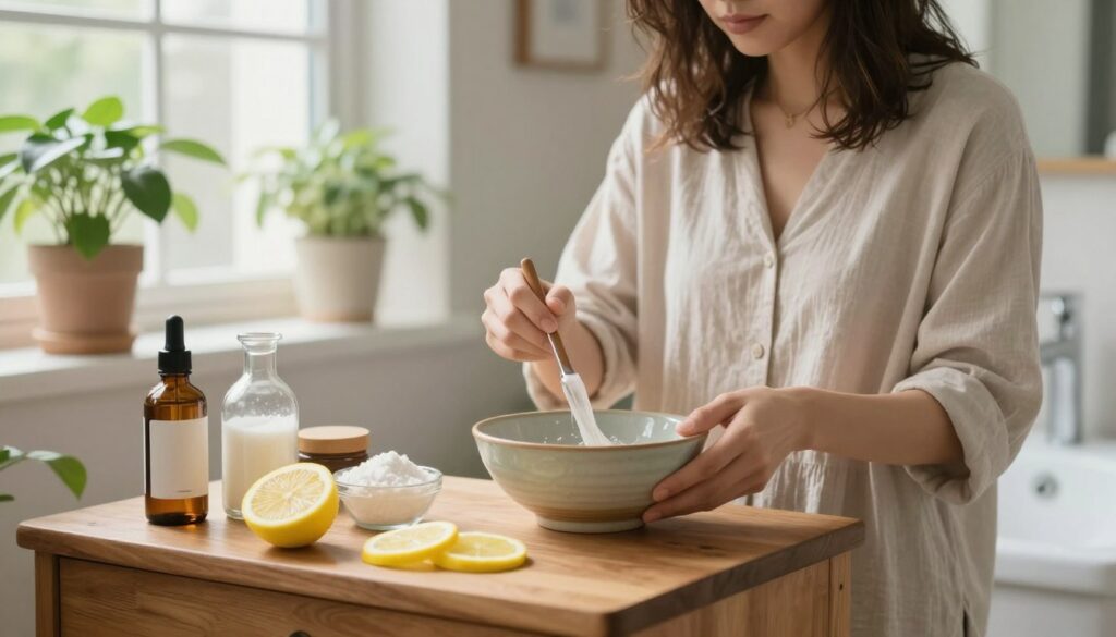 A serene bathroom scene illuminated by soft, natural light coming through a window. In the foreground, a delicate wooden vanity displays an array of natural ingredients like lemon slices, baking soda, and apple cider vinegar, indicative of home remedies for hair color removal. In the middle ground, a person with shoulder-length hair, dressed in modest casual clothing, carefully mixes a treatment solution in a ceramic bowl, focused and thoughtful. The background features lush green plants on the windowsill, enhancing the atmosphere of natural beauty and health. The overall mood is calm and inviting, suggesting a nurturing environment for hair care and self-discovery. The image captures the essence of DIY hair color removal techniques, emphasizing simplicity and effectiveness. A serene bathroom scene illuminated by soft, natural light coming through a window. In the foreground, a delicate wooden vanity displays an array of natural ingredients like lemon slices, baking soda, and apple cider vinegar, indicative of home remedies for hair color removal. In the middle ground, a person with shoulder-length hair, dressed in modest casual clothing, carefully mixes a treatment solution in a ceramic bowl, focused and thoughtful. The background features lush green plants on the windowsill, enhancing the atmosphere of natural beauty and health. The overall mood is calm and inviting, suggesting a nurturing environment for hair care and self-discovery. The image captures the essence of DIY hair color removal techniques, emphasizing simplicity and effectiveness.